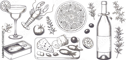 Hand-Drawn Mediterranean Food and Drink Collection