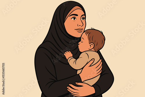Muslim mother in hijab holding her sleeping baby. Loving embrace concept. Motherhood, family, and maternal care. Islamic woman and child illustration. Arab parent tenderness vector.