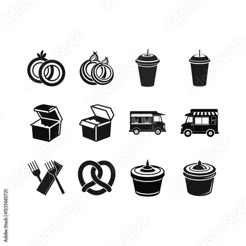 WebVector art of wedding rings and food icons isolated on white background in black color