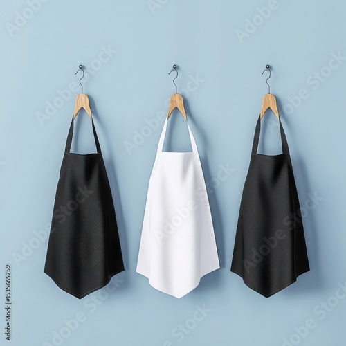Three blank aprons hanging isolated on white background