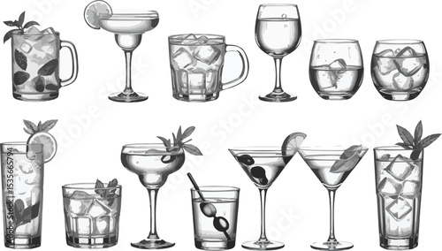 Elegant Hand-Drawn Cocktail and Drink Glassware Collection