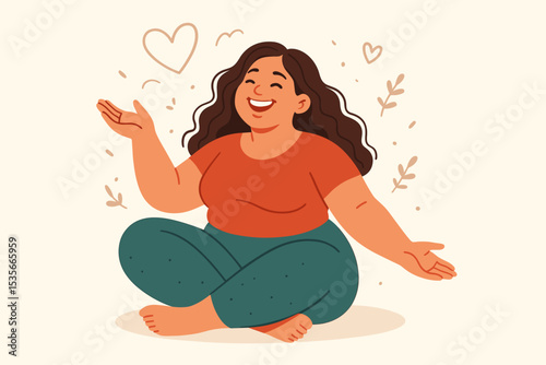 Body Positivity Plus Size Woman Sitting Cross Legged in Relaxed Pose. Self Love, Confidence, Happiness, Curvy Female Illustration. Wellness, Acceptance, Diversity, Empowerment, Mental Health Concept