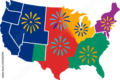 Geographic vector illustration featuring national flag maps of  the USA in a harlequin bubble mosaic design