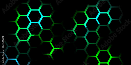 Dark hexagon abstract technology background with blue and green colored bright flashes under hexagon. Hexagonal gaming vector tech illustration black abstract background. eps10