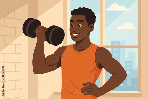 Confident African American Man Lifting Dumbbell Indoors Fitness Routine. Morning Workout Strength Training Exercise for Healthy Lifestyle. Urban Home Gym Illustration. Motivation Wellness Concept