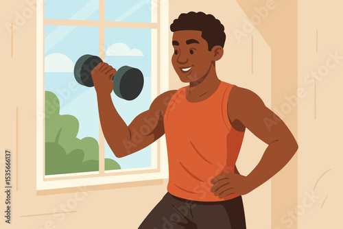 Morning home workout with dumbbells, strong athletic man in orange tank top exercising indoors by window, strength training, healthy lifestyle, home fitness routine, muscle building illustration