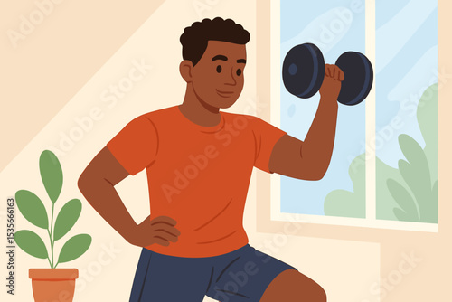 Home workout fitness concept. African American man lifting dumbbell indoors. Morning exercise routine. Strength training. Healthy lifestyle. Activity at home. Houseplant. Window background.