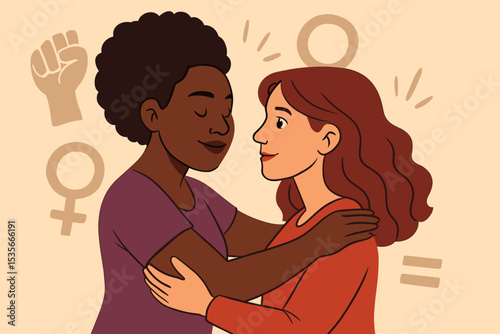 Diverse women supporting each other, female empowerment embrace, friendship unity, feminism, solidarity, gender equality, women’s rights together, mutual respect, strength, sisterhood concept