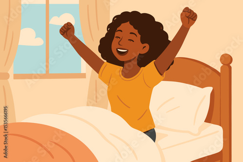 Energetic African American Woman Stretching After Waking Up in Cozy Bedroom Morning Routine, Healthy Lifestyle, Happiness, Self Care, Fresh Start, Sunlight Window, Relaxation, Wellness Concept