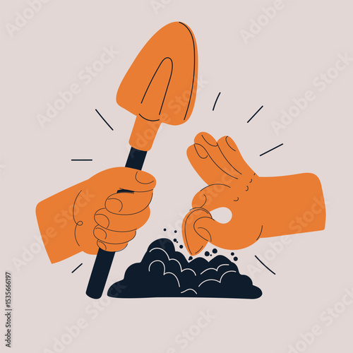 Cartoon vector illustration of a hand planting seeds with a trowel, symbolizing strategic planning and investment in the future
