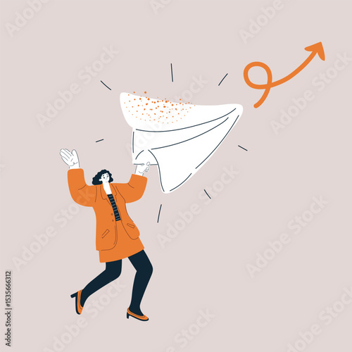 Cartoon vector illustration of a woman launching a paper airplane, symbolizing taking initiative and starting a new journey