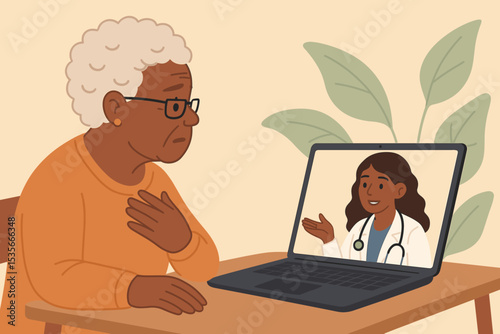 Senior woman patient virtual healthcare consultation. Online telemedicine appointment with female doctor. Remote medical advice, telehealth technology, digital health care support, elderly wellness.