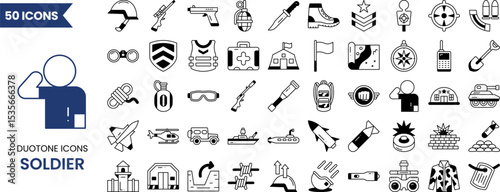 Soldier icon set in duotone style. Vector illustration
