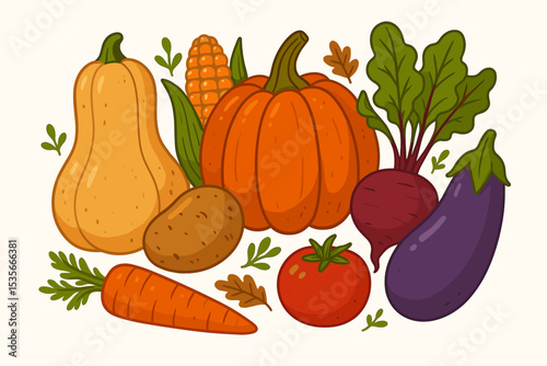 Colorful Autumn Harvest Vegetables Illustration. Pumpkin, Butternut Squash, Eggplant, Beetroot, Carrot, Tomato, Corn, Potato. Fresh Organic Produce. Healthy Food. Fall Seasonal Farming Concept