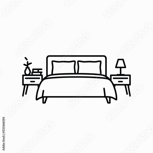 Cozy Bedroom Line Art Minimalist Bed Design Illustration