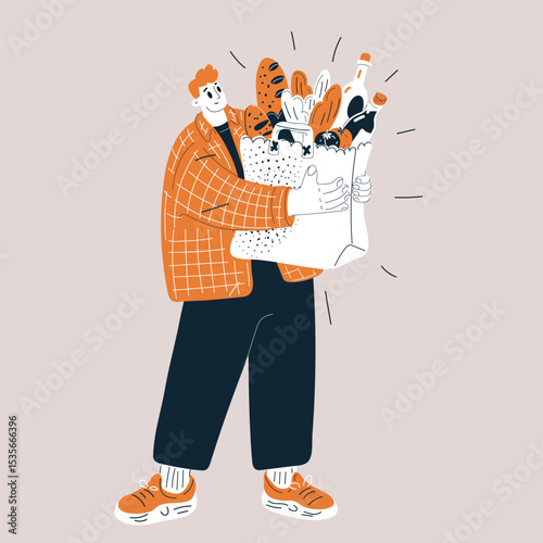 Cartoon vector illustration of a man carrying a heavy grocery bag, symbolizing responsibility, self-sufficiency, and caring for others