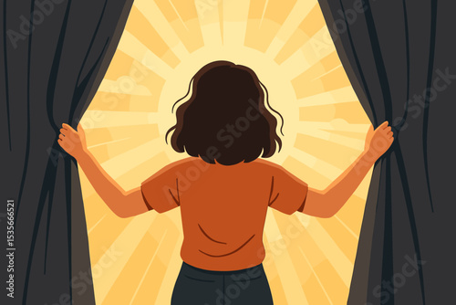 Woman Opening Curtains to Bright Morning Sunshine, New Beginnings, Hope, Opportunity, Positive Mindset, Sun Rays, Fresh Start, Female Facing Window, Inspirational Concept, Daylight Motivation