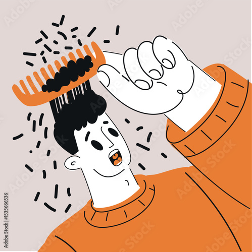 Cartoon vector illustration of a man reacting to his hair while grooming, symbolizing aging, self-awareness, and humorous acceptance