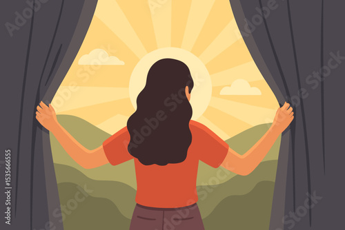 Woman Opening Curtains to Sunrise, Embracing New Beginning, Fresh Start, Hopeful Future, Morning Motivation, Sunlight Rays, Outdoor Landscape, Positive Change, Inspiration, Self Growth, Daybreak