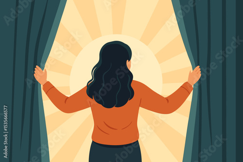 Woman Opening Curtains to Sunshine Concept, New Beginnings, Hope, Morning Motivation, Fresh Start, Positive Mindset, Sunrise Light, Rear View, Empowerment, Opportunity, Self Growth, Daily Routine