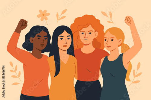 Diverse women unity empowerment illustration. Multiracial female group raising fists. Gender equality, feminism, sisterhood, women’s rights, solidarity, support, activism, teamwork concept