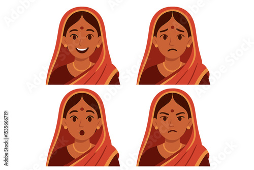 Indian Woman in Traditional Sari with Gold Jewelry Vector Set. South Asian Culture, Ethnic Costume, Elegant Dress, Cultural Identity, Indian Lady, Bridal Outfit, Portrait Illustration Collection
