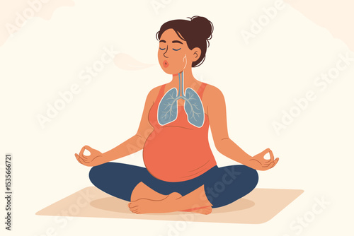 Pregnant Woman Practicing Mindful Breathing Meditation, Cross-Legged Yoga Pose, Illustration of Deep Breathing, Prenatal Relaxation, Lungs Anatomy, Calm Health Wellness Concept