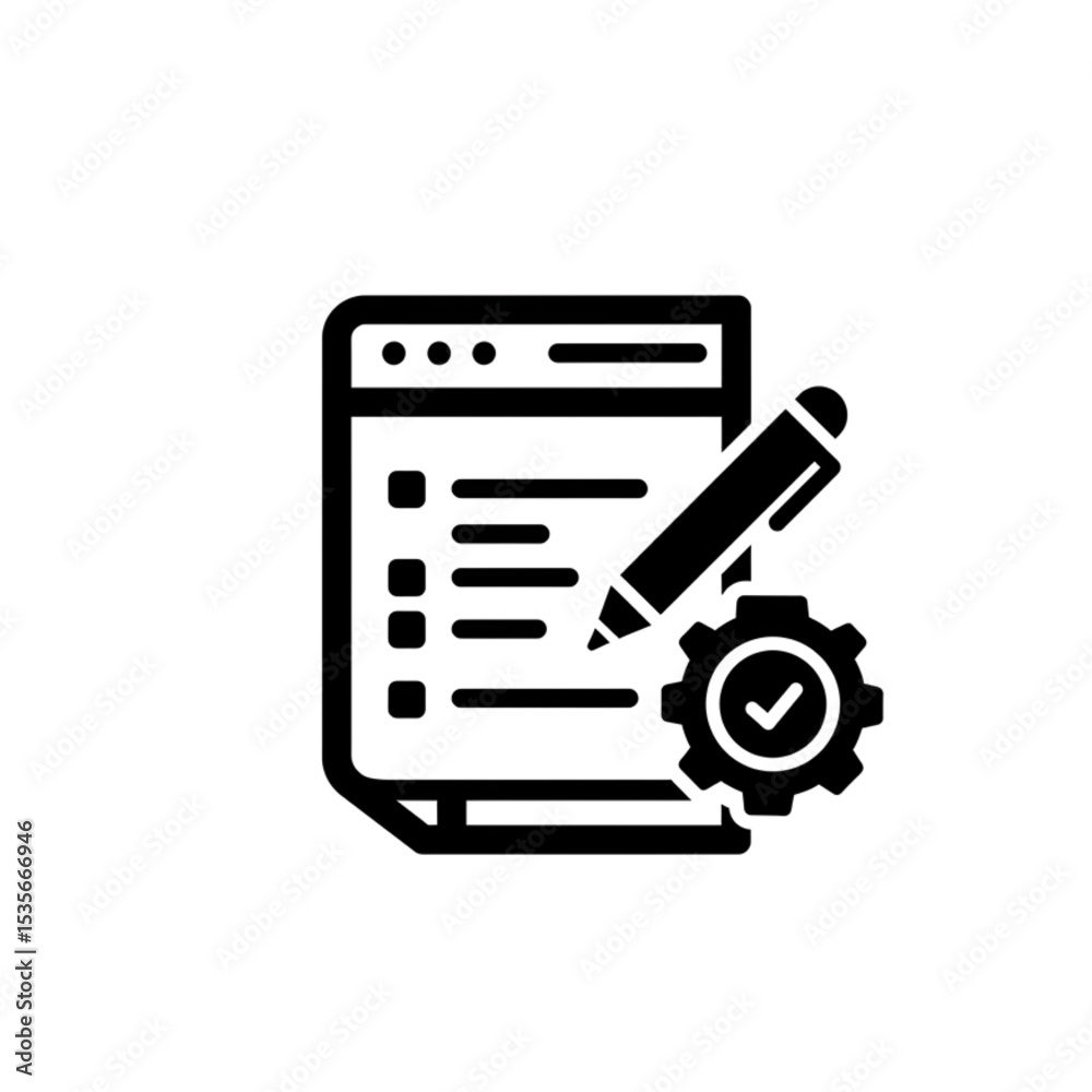 Checklist Design Element Gear Pen Document Workflow Process Icon suitable for website branding app design and user interface