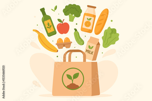 Eco Friendly Grocery Shopping Bag with Organic Food. Healthy Lifestyle Concept with Fresh Fruits, Vegetables, Eggs, Milk, Juice, Olive Oil. Sustainable Zero Waste Market Illustration