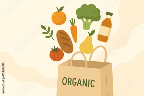 Organic grocery shopping bag with healthy fresh vegetables, fruit, bread, juice, tomato, carrot, broccoli, pear, orange. Eco friendly food, natural produce market, vegan diet concept