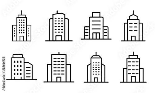 Set of Minimalist Bank Building Icons in Silhouette Style – Classic Pillar Architecture with Triangular Roof Representing Financial Institutions, Government, or Law on White Background