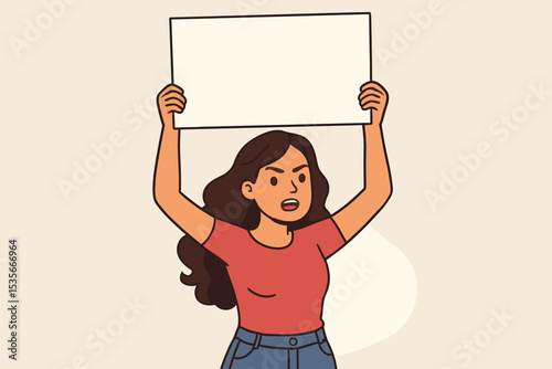 Activist woman holding blank protest sign. Empowered female figure raising placard in demonstration. Feminism, political rally, social justice, equality, civil rights, campaign, activism illustration
