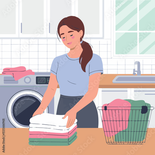 Young woman folding clean laundry in modern kitchen neat clothes homemaking girl tidy flat calm room house stack style