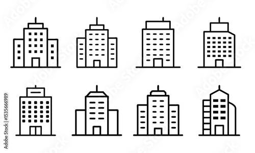 Set of Minimalist Bank Building Icons in Silhouette Style – Classic Pillar Architecture with Triangular Roof Representing Financial Institutions, Government, or Law on White Background
