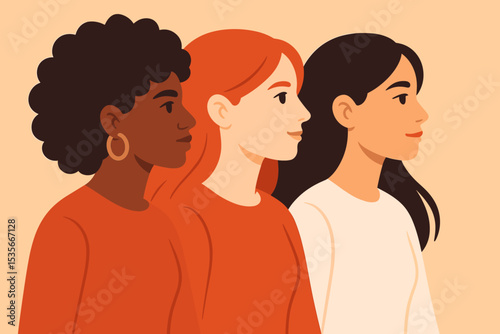 Diversity inclusion unity women empowerment. Multicultural female portrait group. Solidarity and sisterhood. Female friendship. International Women’s Day. Feminism. Modern minimal vector illustration