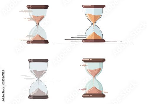 Hourglass with sand flowing from top to bottom and slight motion lines, symbolizing inevitable change over time in soft neutral tones on transparent background