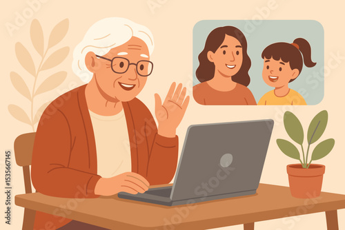 Senior woman video calling family on laptop. Virtual communication technology for elderly. Online connection with grandchildren. Remote digital interaction with relatives. Home internet lifestyle.