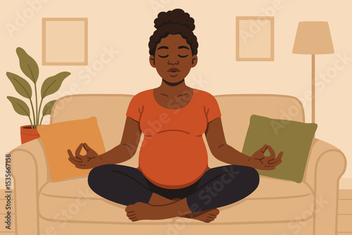 Pregnant African American Woman Practicing Meditation at Home on Sofa, Relaxation, Mindfulness, Prenatal Yoga, Healthy Lifestyle, Calm Expecting Mother, Cozy Living Room, Wellness, Self-Care