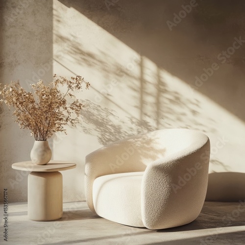 Cream colored armchair and side table isolated on white background