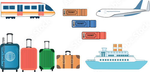 Colorful travel-themed vector illustration with tickets, airplane, train, ship, and suitcases