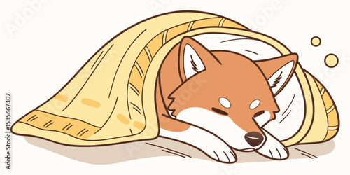 Adorable Shiba Inu Puppy Snuggling Under a Cozy Blanket Perfect for Pet Lovers and Design Projects