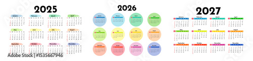 Set of calendars for 2025, 2026 and 2027 on a white background