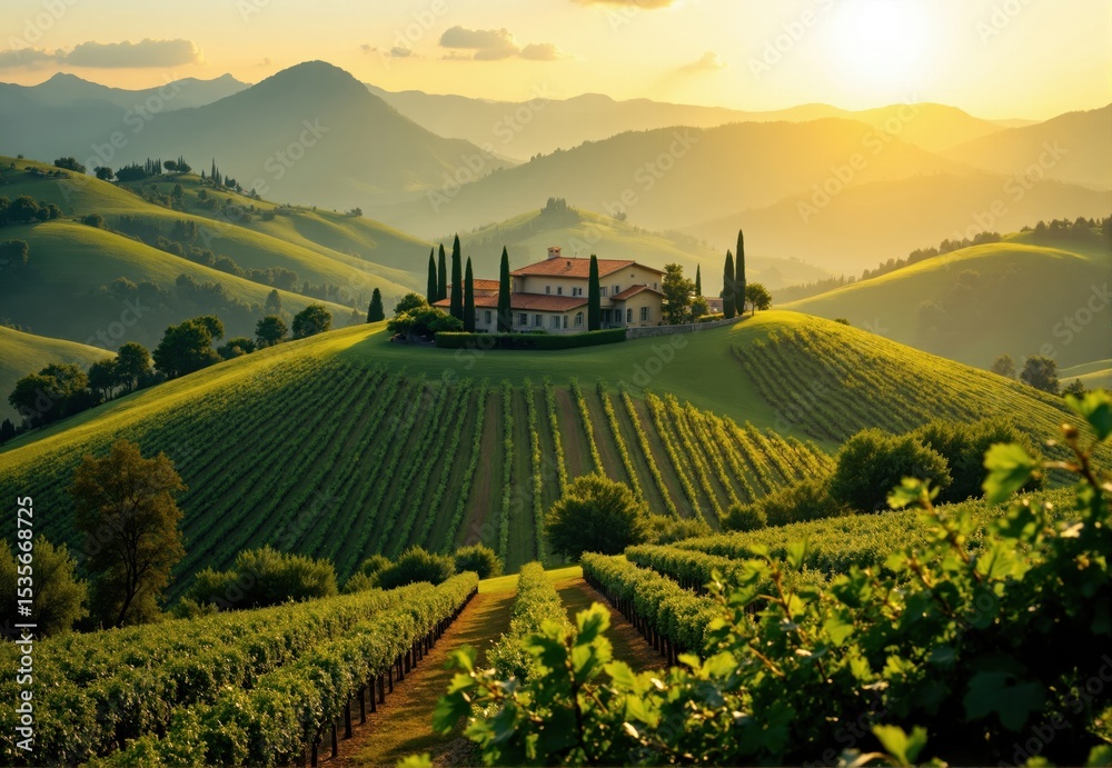 Naklejka premium Villa on Hilltop Vineyard at Sunset