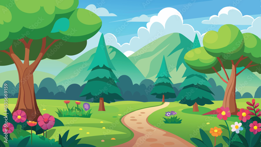Fototapeta premium Cartoon Landscape with Trees, Flowers, Mountains, Pathway, and Sky Illustration