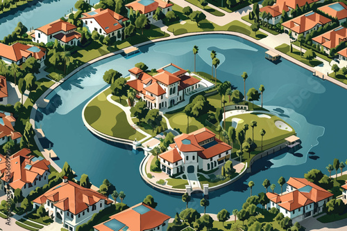 Top view of the city with different houses, buildings, yards. Roads with cars. River, pier with ships and boats. Vector illustration eps10. Realistic landscape. Cartoon flat style. View from above.