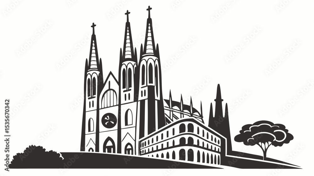Fototapeta premium Black silhouette silhouette illustration of a cathedral with spires and a building next to a tree on a hill