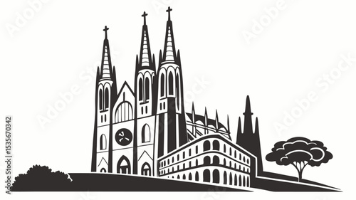 Black silhouette silhouette illustration of a cathedral with spires and a building next to a tree on a hill