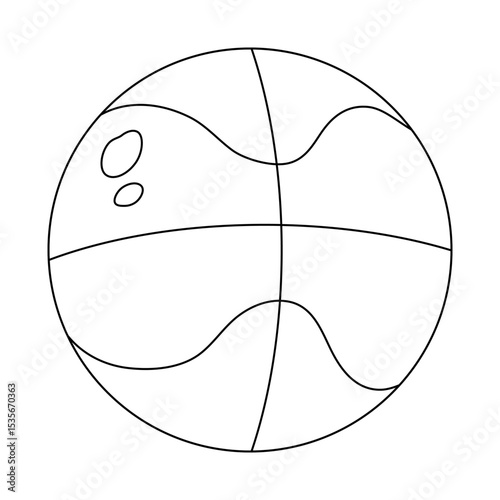 Coloring page with outline drawing of basketball ball with stylized lines and highlights. Physical education lesson. For entertaining kids activity, back to school black and white printable design.
