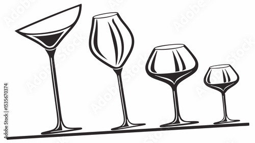 Black silhouette four stylized wine glasses of varying shapes and sizes arranged in a row on a flat surface line art