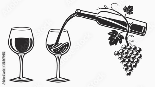 Black silhouette wine bottle pouring into glass next to full glass with grapes and vine in black and white illustration